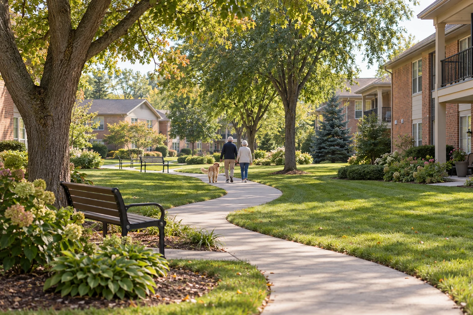Illustration of a landscaped residential community with a walking path
