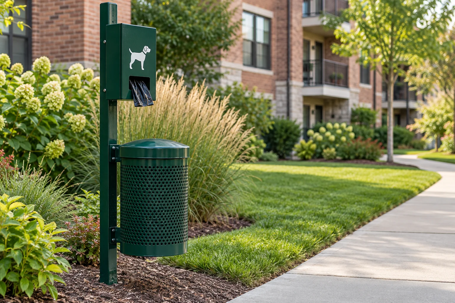 Illustration of a pet waste bag dispenser and covered waste bin beside a community walkway