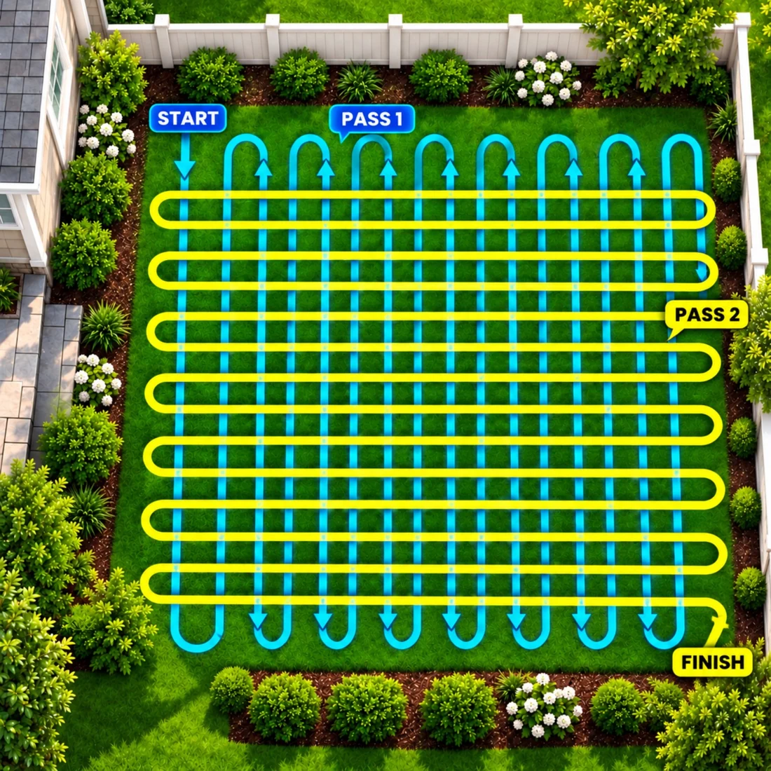 Illustrated yard showing a blue up-and-down first pass and a yellow side-to-side second pass, from start to finish.