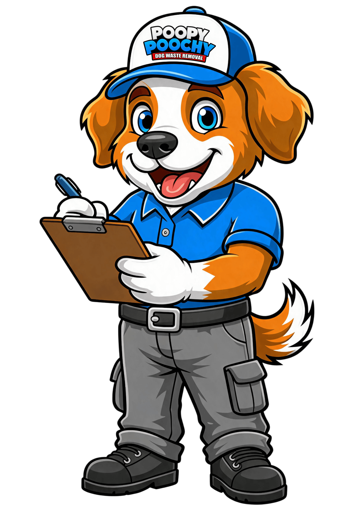 Poopy Poochy mascot taking notes