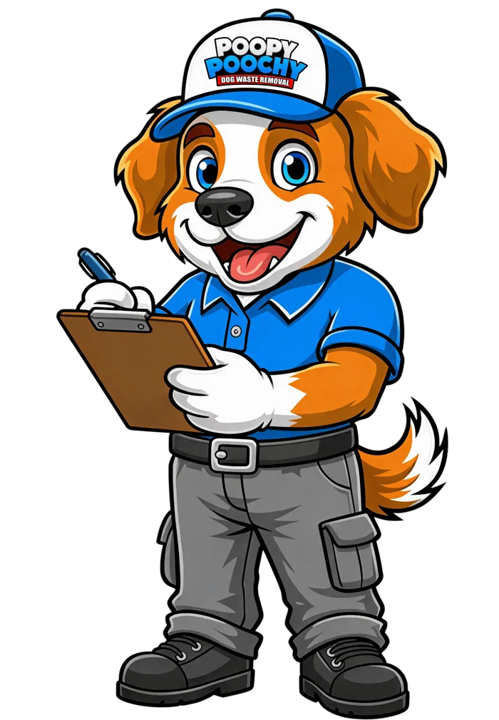 Poopy Poochy mascot taking notes