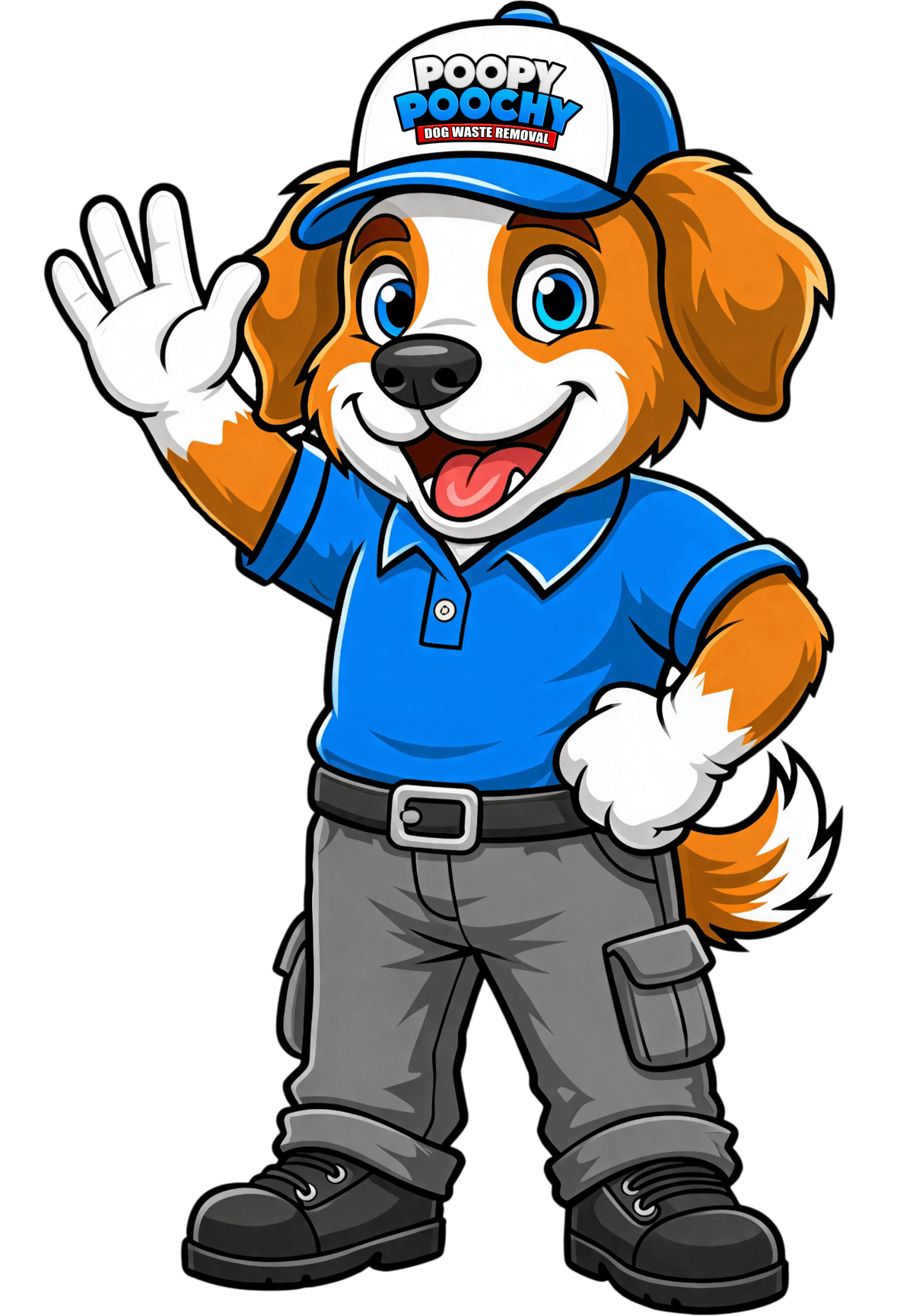 Poopy Poochy mascot waving hello