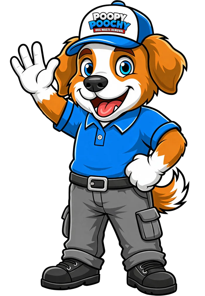 Poopy Poochy mascot waving hello