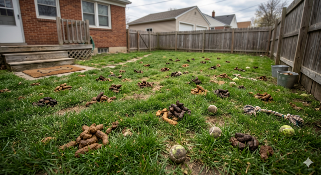 Dog waste removal before photo — messy yard